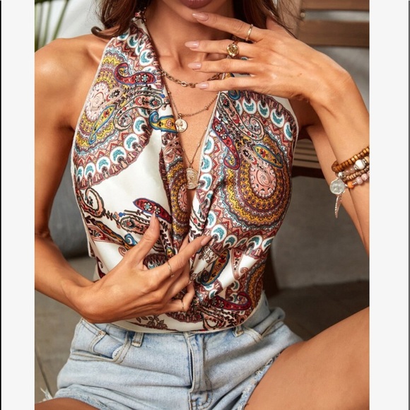 Boho Paisleys Print Drape Cowl Neck Backless Halter Top - Picture 2 of 6